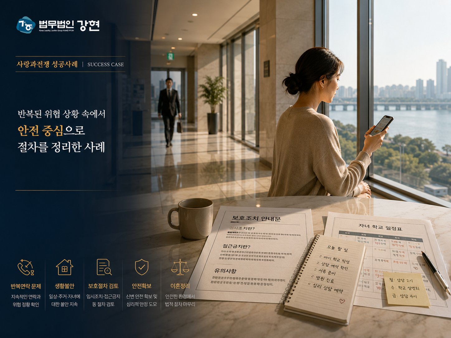 휴대전화 메시지를 확인하며 창밖을 바라보는 의뢰인의 측면 모습